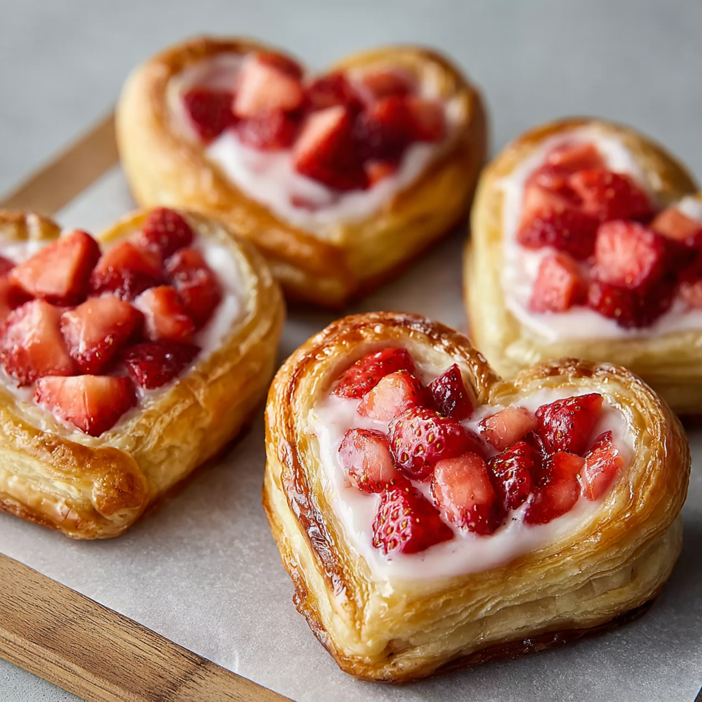 Ultra-realistic heart-shaped puff pastry danishes with cream cheese filling and diced strawberries, golden flaky layers, smooth pink filling, neutral background, studio lighting