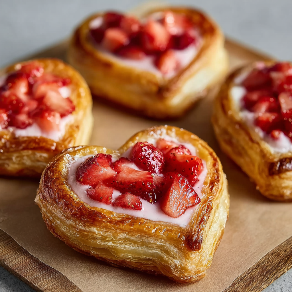 Ultra-realistic heart-shaped puff pastry danishes with cream cheese filling and diced strawberries, golden flaky layers, smooth pink filling, neutral background, studio lighting
