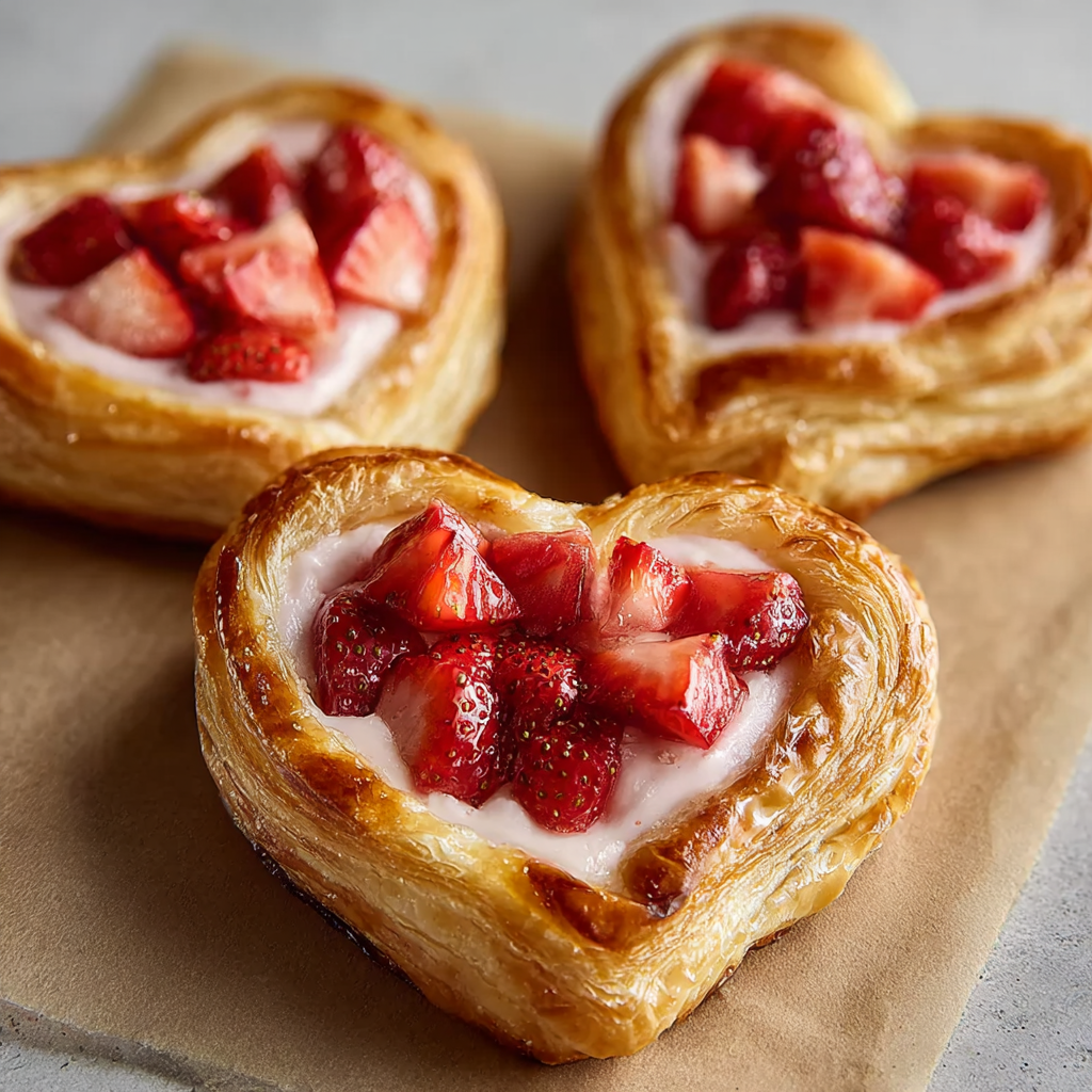 Ultra-realistic heart-shaped puff pastry danishes with cream cheese filling and diced strawberries, golden flaky layers, smooth pink filling, neutral background, studio lighting