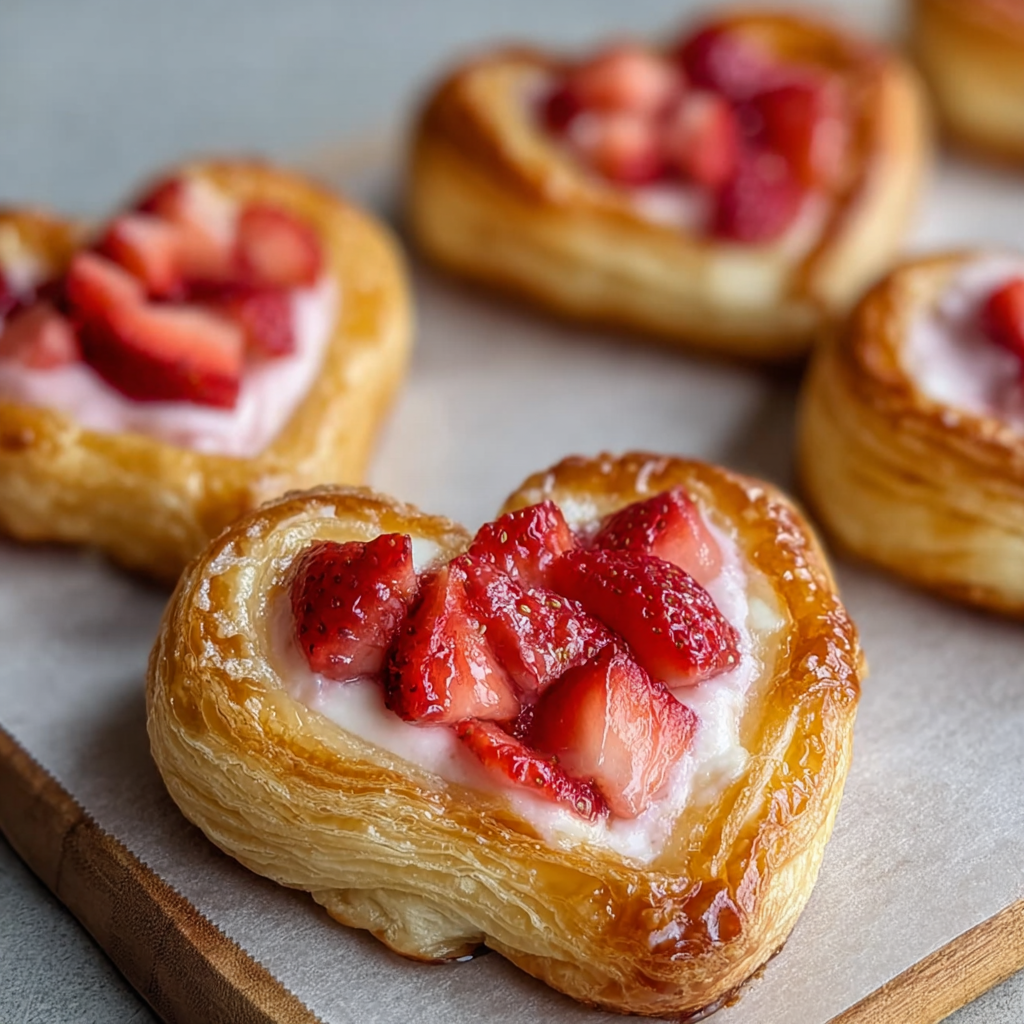 Ultra-realistic heart-shaped puff pastry danishes with cream cheese filling and diced strawberries, golden flaky layers, smooth pink filling, neutral background, studio lighting
