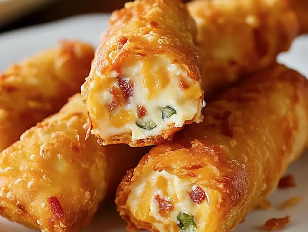 Ultra-realistic mini jalapeño popper egg rolls with golden crispy wrappers and visible cheese, jalapeño, and bacon filling on a seamless neutral background under studio lighting