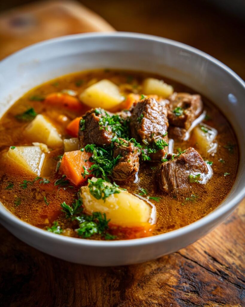 Ultra-realistic steak and potato soup with creamy broth, seared steak pieces, potato chunks, and onions served in an edible bread bowl, steam rising, studio lighting, dark background
