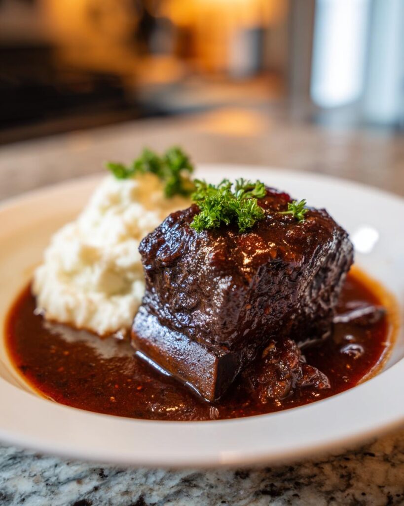 Ultra-realistic stout-braised beef short ribs with dark glossy sauce, visible bones, tender texture, steam rising, studio lighting, dark neutral background