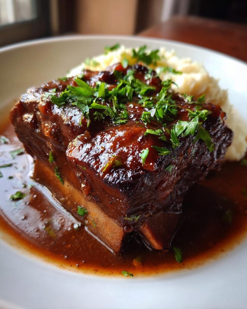 Ultra-realistic stout-braised beef short ribs with dark glossy sauce, visible bones, tender texture, steam rising, studio lighting, dark neutral background
