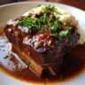 Ultra-realistic stout-braised beef short ribs with dark glossy sauce, visible bones, tender texture, steam rising, studio lighting, dark neutral background