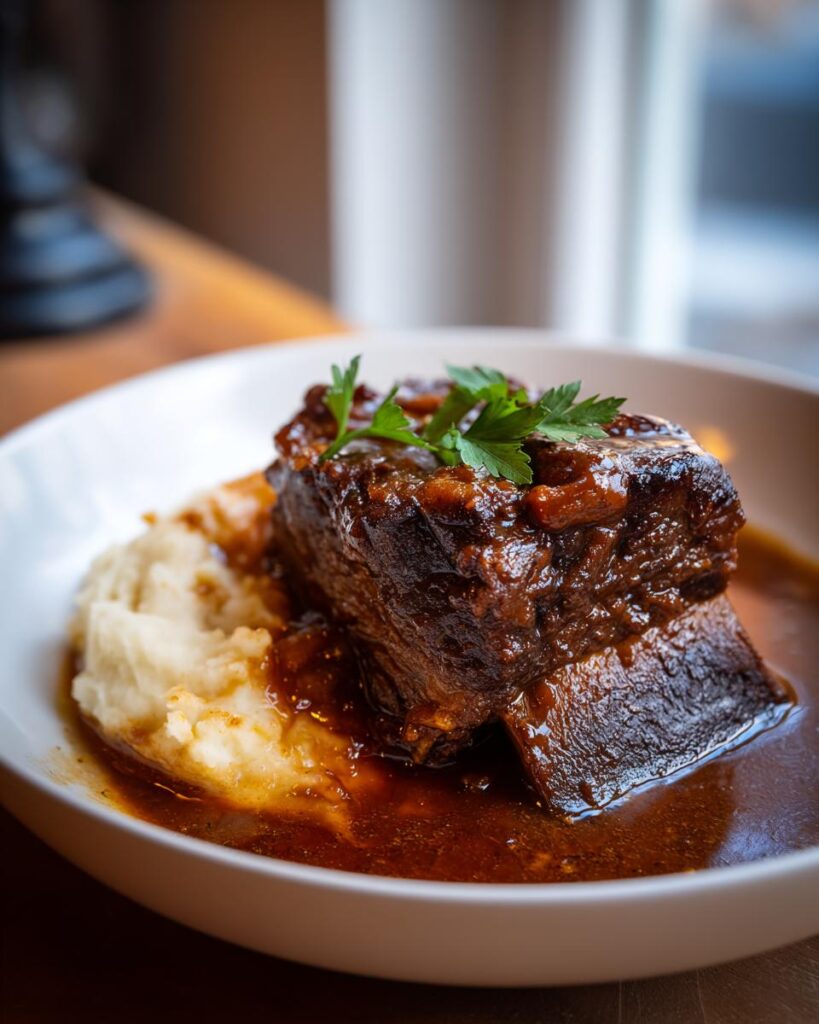 Ultra-realistic stout-braised beef short ribs with dark glossy sauce, visible bones, tender texture, steam rising, studio lighting, dark neutral background