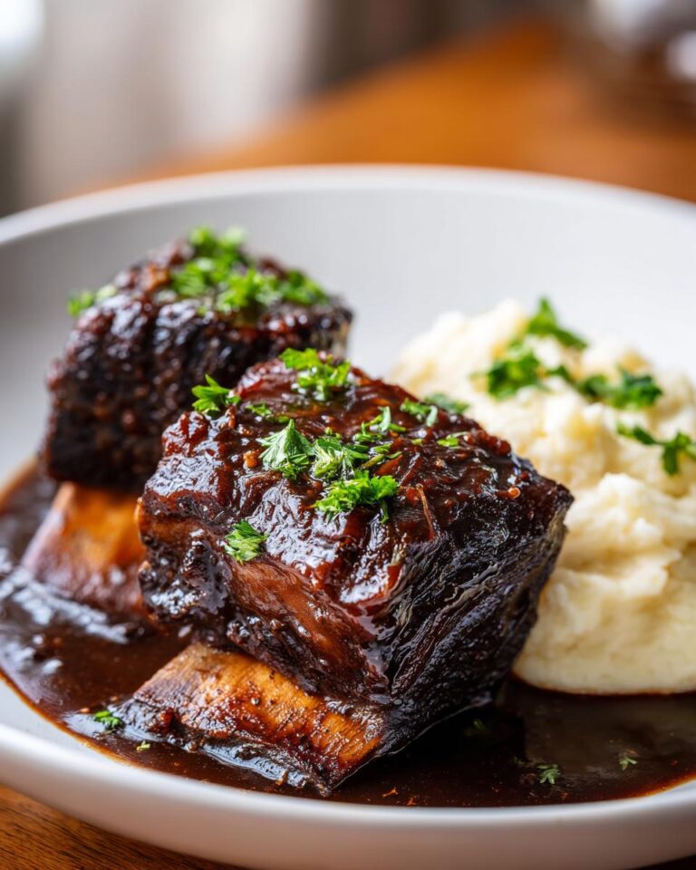 Ultra-realistic stout-braised beef short ribs with dark glossy sauce, visible bones, tender texture, steam rising, studio lighting, dark neutral background