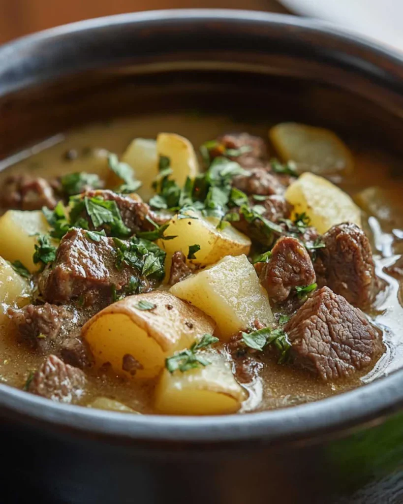 Ultra-realistic steak and potato soup with beef pieces, diced potatoes, carrots, celery, and onions in a creamy broth, served in a ceramic bowl, studio lighting, neutral background