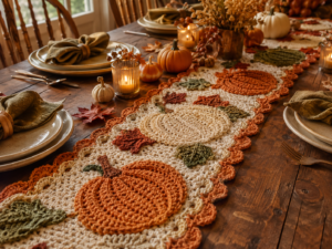 Crochet pumpkin table runner with autumn decorations
