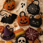 21 crochet Halloween bag ideas featuring pumpkin, ghost, bat and spiderweb designs
