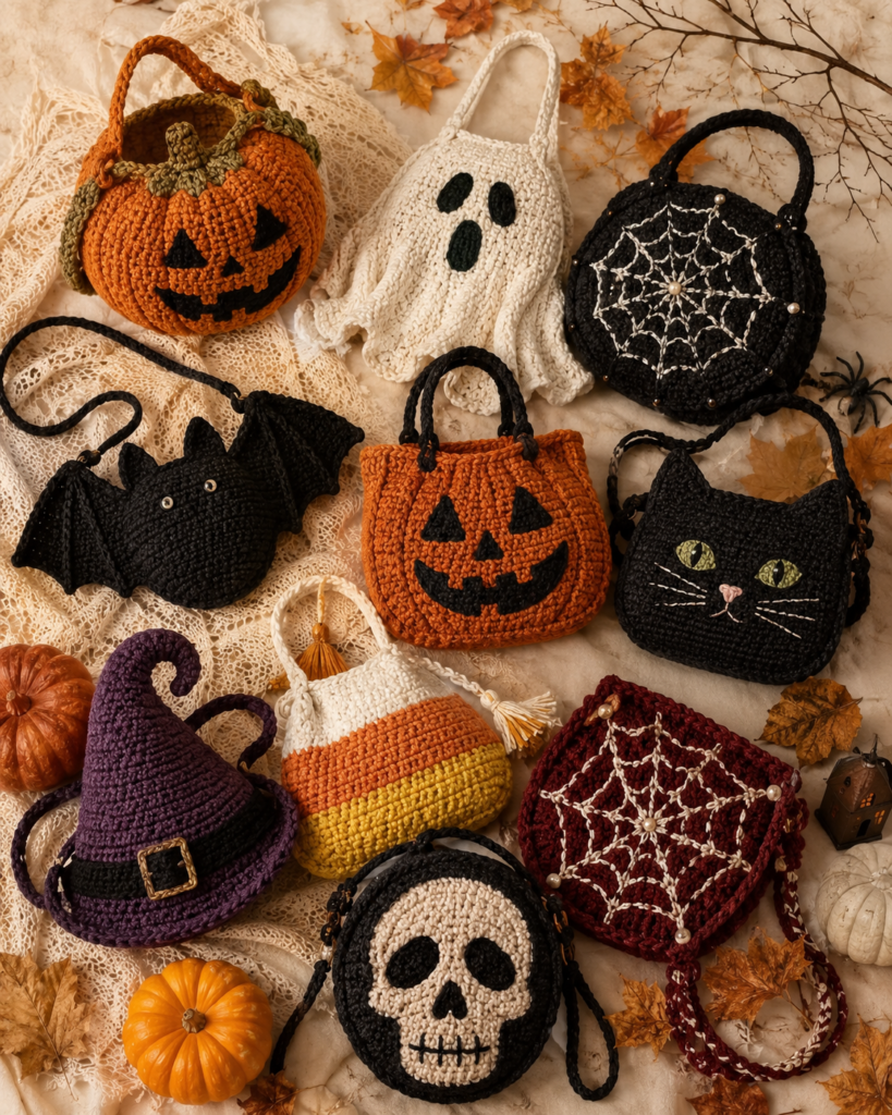 21 crochet Halloween bag ideas featuring pumpkin, ghost, bat and spiderweb designs