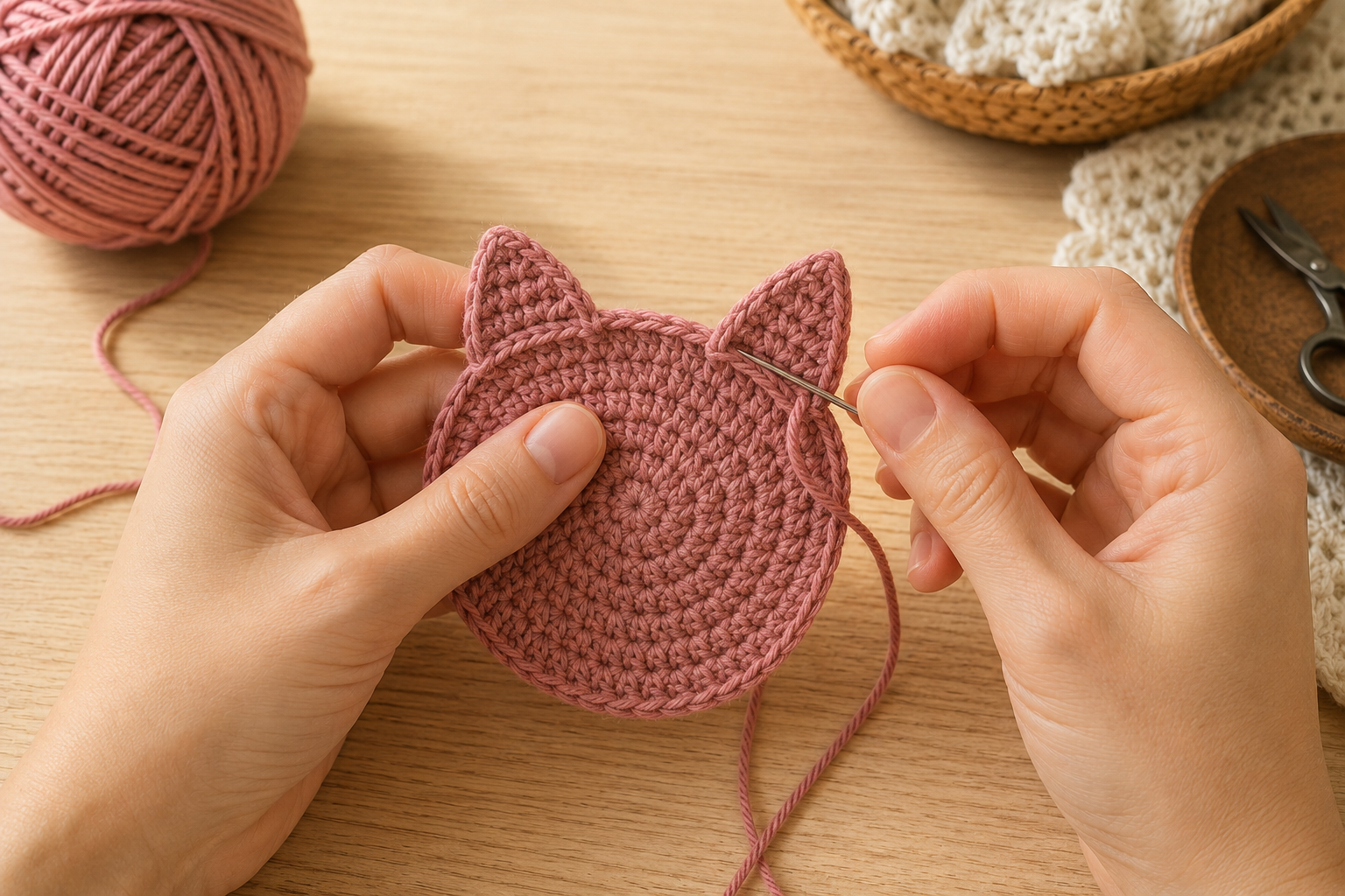 Sewing crochet cat ears onto a cat-shaped coaster
