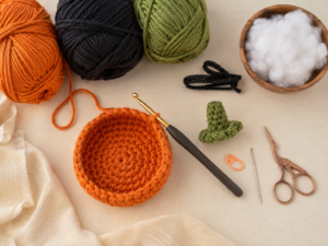 Yarn crochet hook stuffing and tools for making a Halloween treat pouch