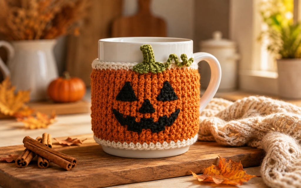 Crochet pumpkin mug cozy with jack-o-lantern face on a white coffee mug, perfect for fall