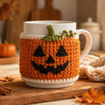 Crochet pumpkin mug cozy with jack-o-lantern face on a white coffee mug, perfect for fall