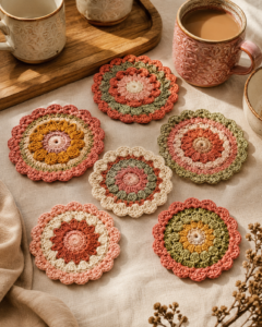 Colorful handmade mandala crochet coasters arranged on a kitchen table