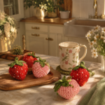 Crochet strawberry kitchen decor with handmade red and pink strawberries