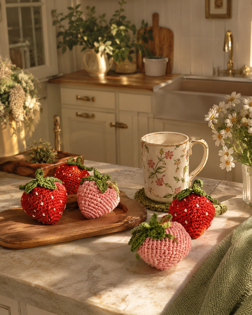 Crochet strawberry kitchen decor with handmade red and pink strawberries