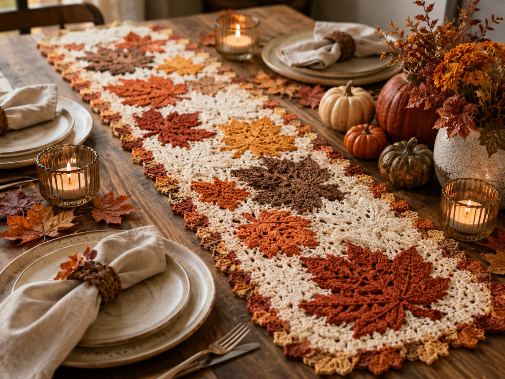 Fall crochet table runner patterns with autumn leaves and pumpkins
