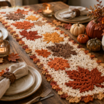 Fall crochet table runner patterns with autumn leaves and pumpkins