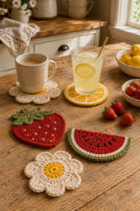 Flower, strawberry, lemon and watermelon crochet coaster designs