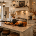 Elegant Halloween kitchen decorated with pumpkins, candles and black accents