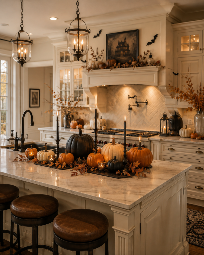 Elegant Halloween kitchen decorated with pumpkins, candles and black accents