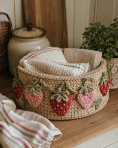 Crochet storage basket decorated with strawberry motifs for a kitchen
