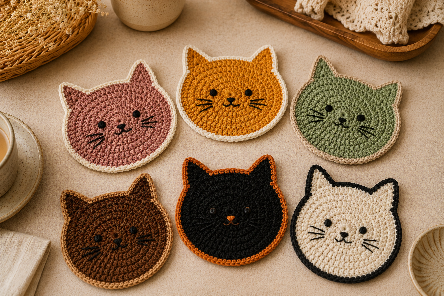 Crochet cat coaster color ideas in pink, mustard, sage and brown