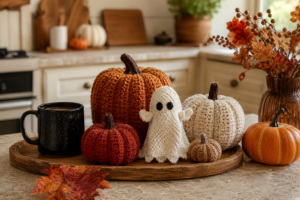 Crochet pumpkins and Halloween decorations styled on a kitchen countertop