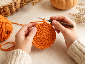 Round crochet base being made for a pumpkin Halloween treat pouch