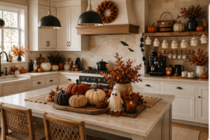 Elegant kitchen decorated with pumpkins, crochet Halloween accents and autumn decorations