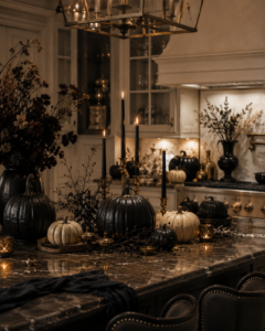 Elegant black and cream Halloween kitchen decorated with pumpkins and candles