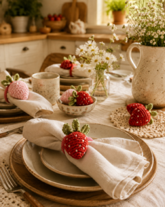 Crochet strawberry napkin rings on a cozy cottagecore kitchen table
