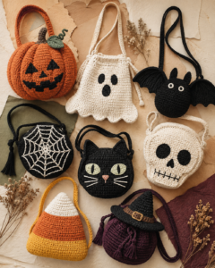 Colorful crochet Halloween bags including pumpkins, ghosts, bats and spiderwebs