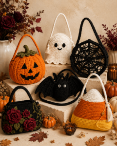 Crochet Halloween bag with fabric lining and reinforced interior