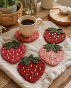 Red and pink crochet strawberry coasters with green leaves