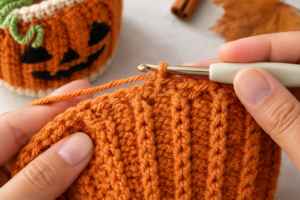 Close-up of ribbed crochet texture made with half double crochet stitches through the back loop