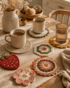 Colorful handmade crochet coasters decorating a cozy kitchen table