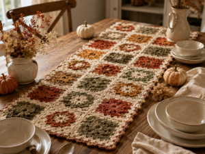 Colorful fall granny square crochet table runner