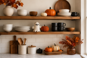 Open kitchen shelves decorated with pumpkins, crochet ghosts and Halloween accents