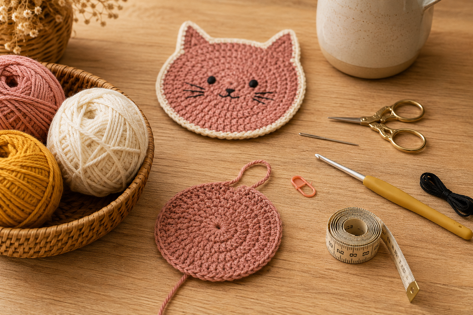 Cotton yarn and crochet supplies for making a cat coaster