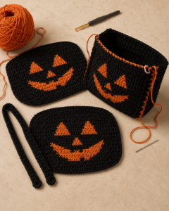 Crochet bag construction showing panels, handles and assembly