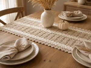 Neutral crochet table runner for modern fall decor