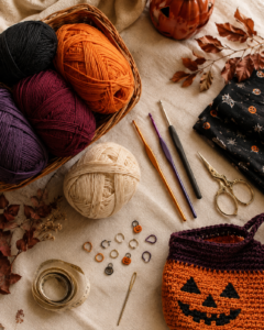Yarn, crochet hooks and supplies for making Halloween crochet bags