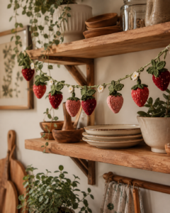 Crochet strawberry garland decorating open kitchen shelves
