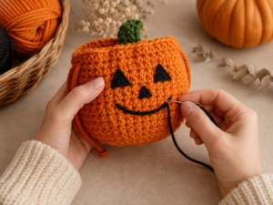 Embroidering a jack-o-lantern face onto a crochet pumpkin pouch