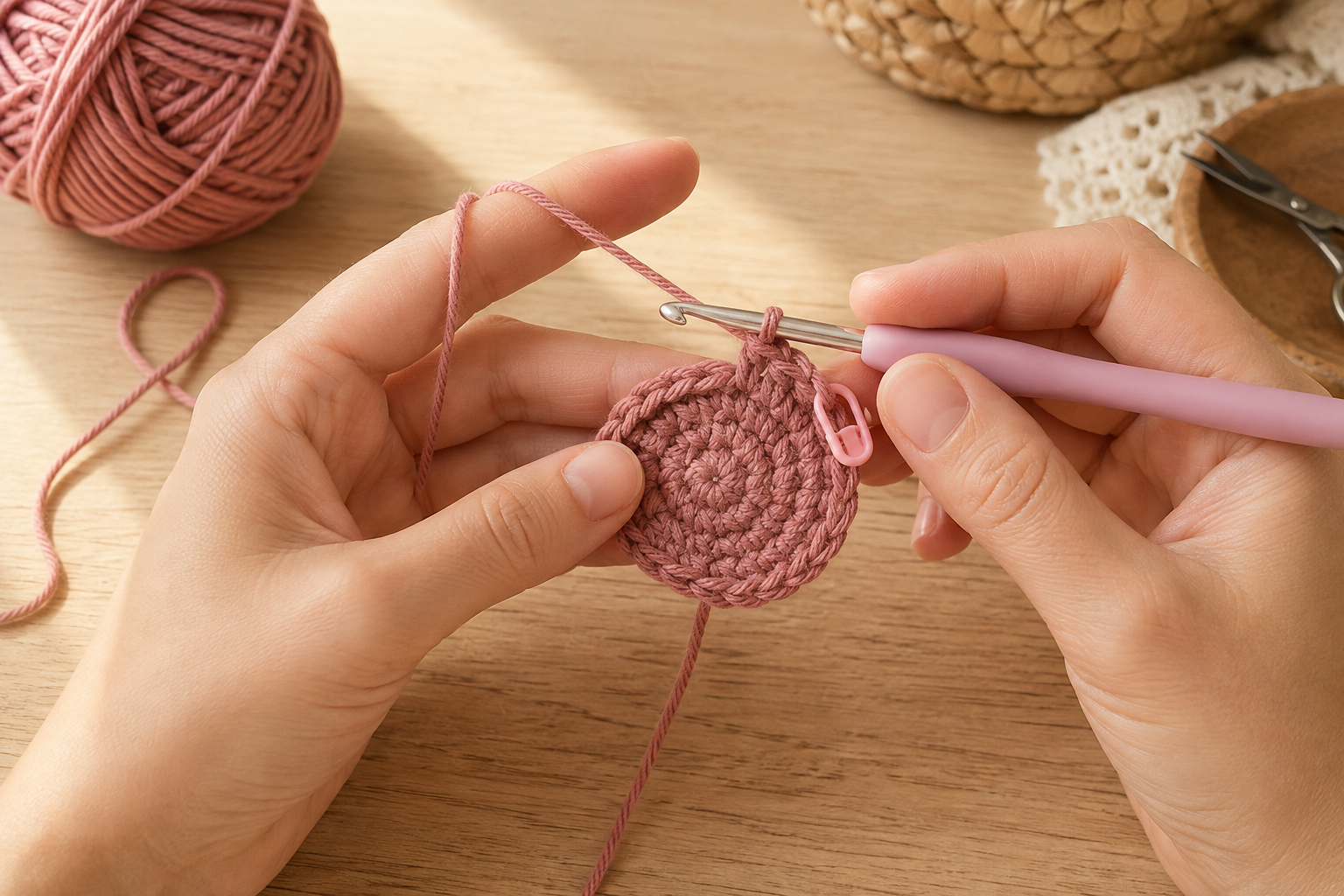 Starting the rounded main piece of a crochet cat coaster
