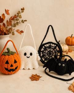 Crochet pumpkin, ghost, spiderweb and bat Halloween bag designs