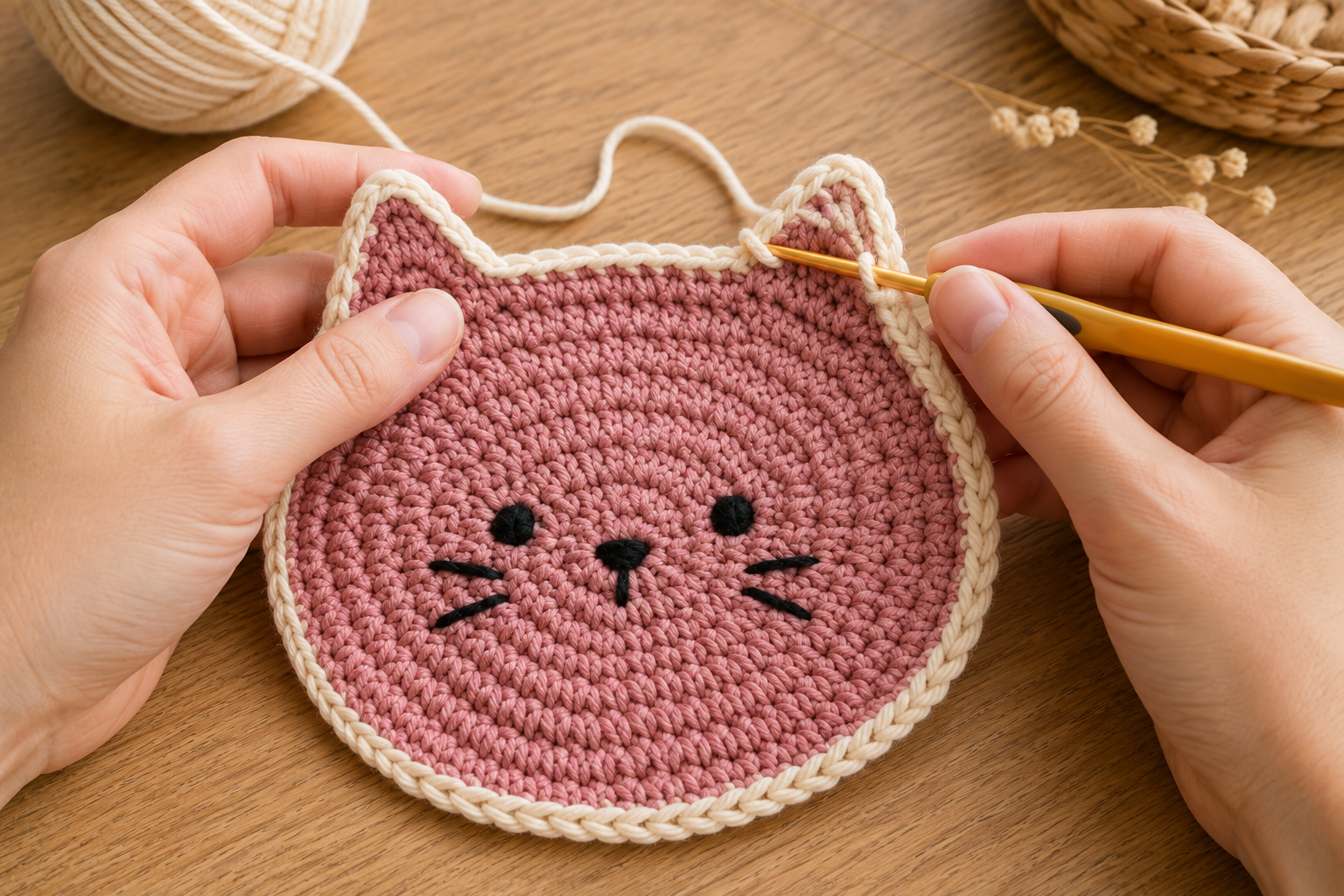 Adding a contrasting crochet border around a cat coaster